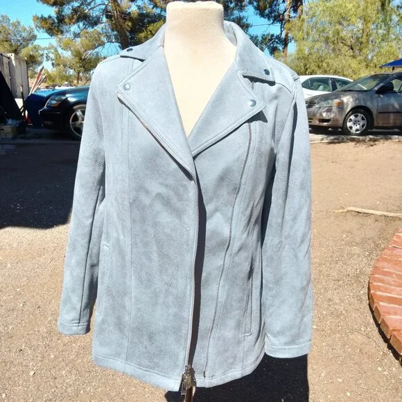 CHICOS Elongated Suede Moto Jacket Gray Mist NWT Size 0 (4-6 small) PS01-21 - Picture 1 of 8